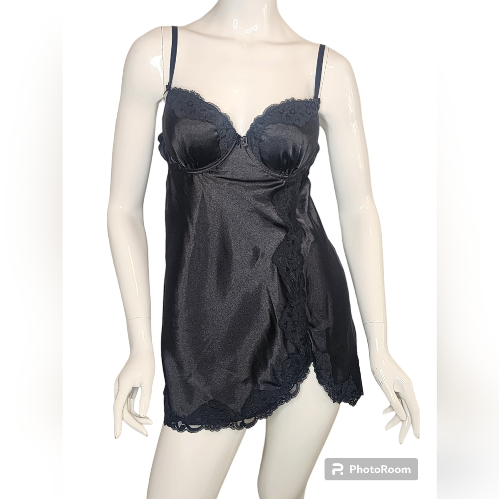 Gilligan & O'Malley Satin Chemise Babydoll Cut with Lace Floral Cute Bow Sexy